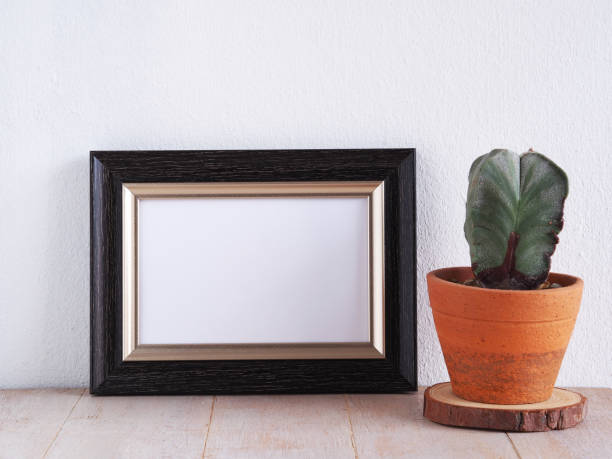 istock Black photo frame on wooden table with cactus over white wall. 1171861732
