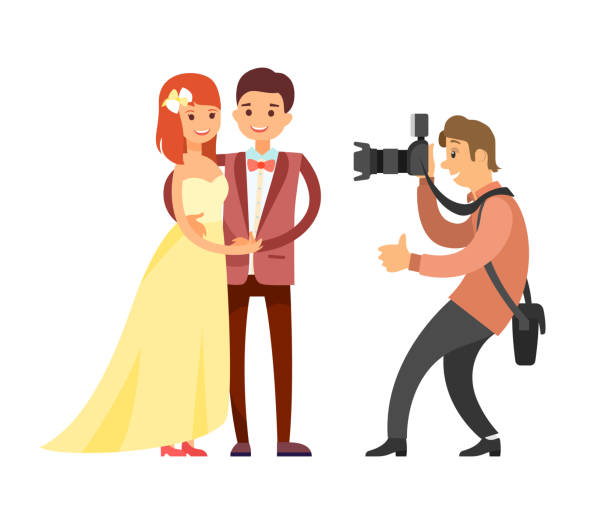 Wedding Photo Session of Newlyweds by Photographer Wedding photo session of newlyweds by photographer. Groom in suit and bride with perfect hair style. Cameraman take pictures of just married couple wedding photos stock illustrations