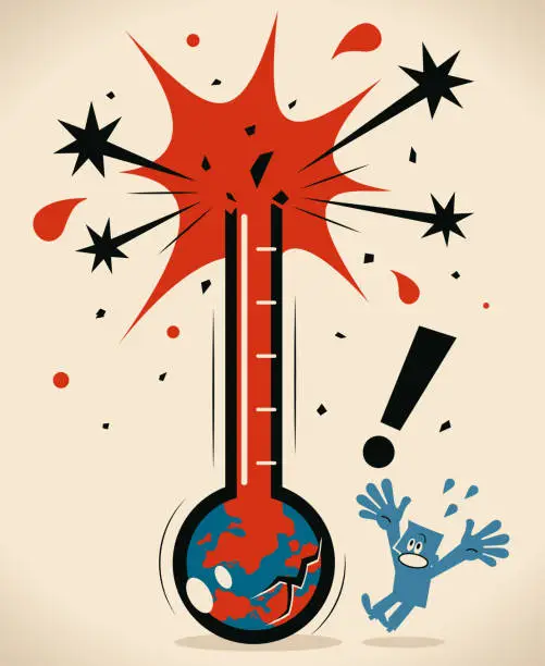 Vector illustration of Earth thermometer breaking and people are worried and scared