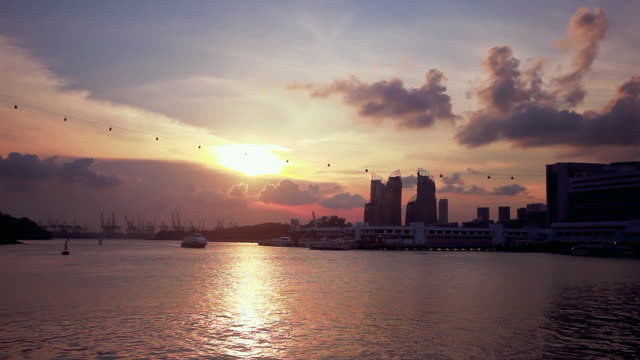 Sunset view at Harbour Front Bay in Singapore with a cable cars going to Sentosa