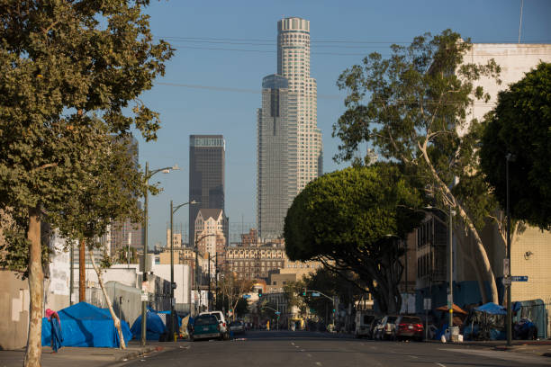 View of the homeless encampments along 5th Street in Downtown Los Angeles, California.
