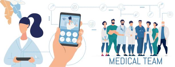 Patient Using Mobile App for Online Diagnostics Patient Using Mobile App for Online Diagnostics. Flat Human Hand Holding Smartphone with Open Chat for Professional Checkup. Cartoon Medical Team. Woman with Tablet. Vector Illustration eye doctor and patient stock illustrations
