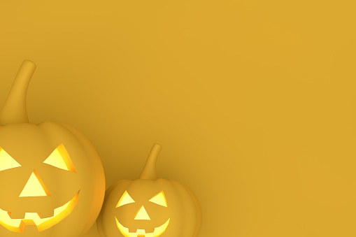 3d render, Halloween, Pumpkin, Jack O' Lantern, Smiley Face, Illuminated, Yellow background.