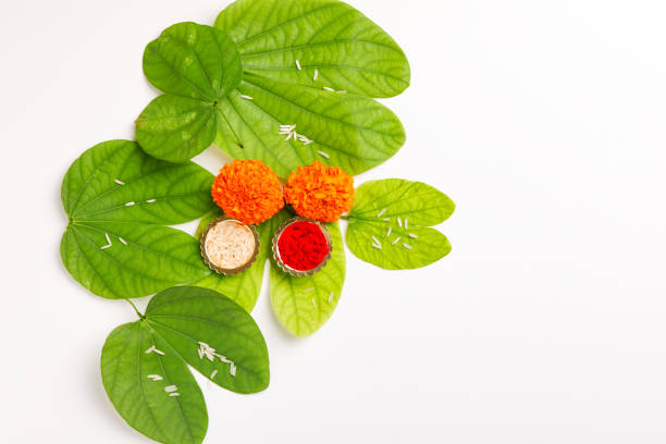 istock Happy Dussehra greeting card , green leaf and rice 1171871244