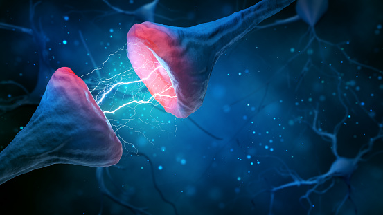 Ilustración de sinapsis y neurona sobre un fondo azul. photo