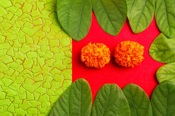 istock Happy Dussehra greeting card , green leaf and rice 1171871512