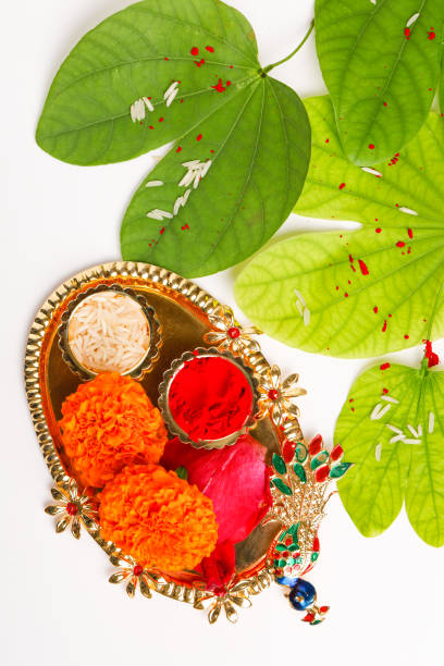 istock Happy Dussehra greeting card , green leaf and rice 1171871760
