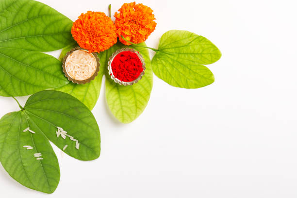 istock Happy Dussehra greeting card , green leaf and rice 1171872968