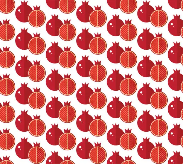 Vector illustration of Seamless vector pattern of red pomegranate, garnet. Bright summer design. Fruits for colorful Wallpaper design, textile, fabric, paper, background. Flat cartoon vector illustration.