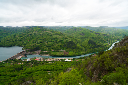 Top view of river Drina and artificial Lake Perucac, between towns of Višegrad in Bosnia and Hercegovina and Bajina Bašta in Serbia.