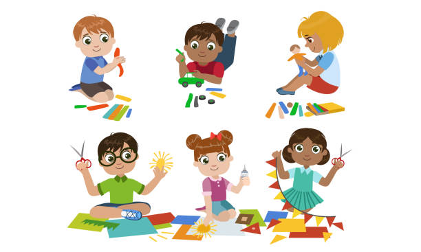 Creative Kids Set Cute Boys And Girls Cutting With Scssors Modelling From  Plasticine Childrens Education Development Vector Illustration Stock  Illustration - Download Image Now - iStock