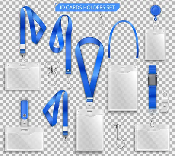Vector illustration of Set of realistic badges id cards holders on blue lanyards with strap clips, cord and clasps vector illustration