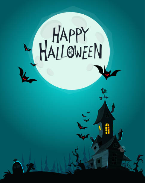 вектор иллюстрация пейзаж с жутким привидениями хэллоуин дом и полнолуние - cemetery grave tree light stock illustrations