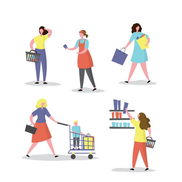 kobiece postacie w różnych pozach z torbami na zakupy i wózkiem. zestaw pani kupujących, - grocery shopping stock illustrations
