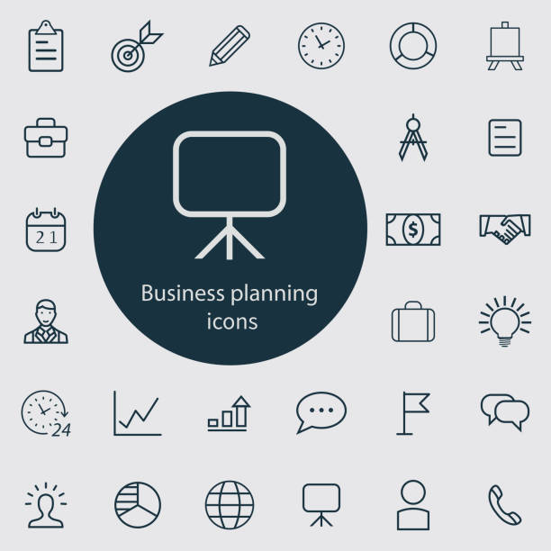 business planning outline, thin, flat, digital icon set business planning outline, thin, flat, digital icon set for web and mobile sports team icon stock illustrations
