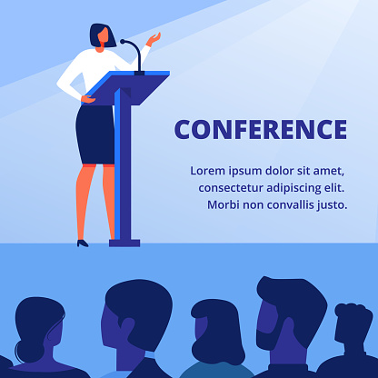 Woman in Business Clothes near Podium. Business Conference. Speak to Audience. Business Training for Women. Vector Illustration. Holds Lecture. Standing in front Audience on Blue Background.