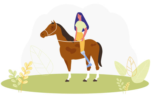 illustrations, cliparts, dessins animés et icônes de femme de dessin animé avec le cheval d'équitation prosthétique d'équitation de jambe - horseback riding illustrations