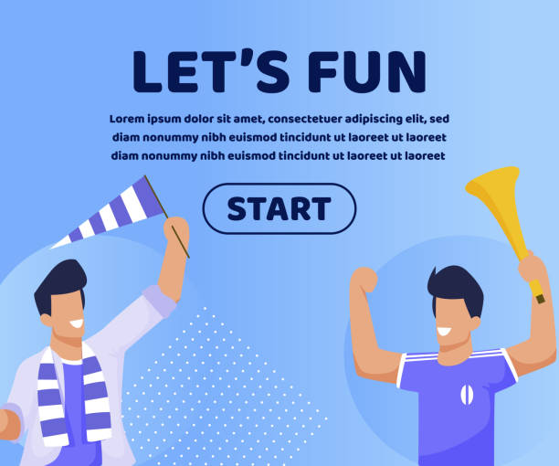 Informational Banner Lettering Lets Fun Slide. Informational Banner Lettering Lets Fun Slide. Poster Team United by Common Goal to Relax at Home. Happy Guys Actively Cheer for Football Team Using Horn and Flag. Vector Illustration. flaglets stock illustrations