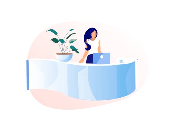 Young Woman Receptionist Stand Behind of Desk Young Woman Receptionist Stand Behind of Desk with Laptop Isolated on White Background, Girl Administrator in Hotel, Office Secretary, Hospitality in Public Place, Cartoon Flat Vector Illustration secretary stock illustrations