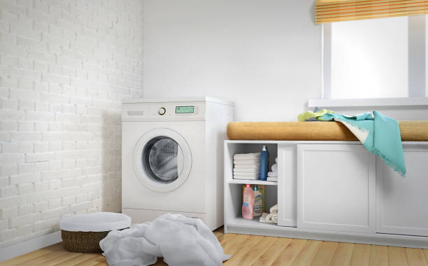 istock Laundry room, linen, white Brick wall and wood floor. 3d illustration 1171888277
