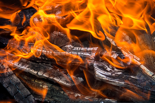 bright orange flame and charred wood, fire close-up