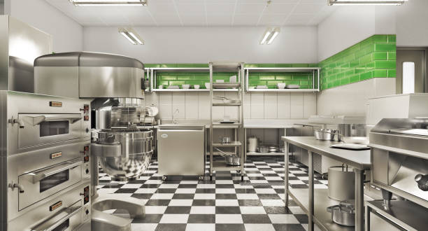 Restaurant equipment. Modern industrial kitchen. 3d illustration