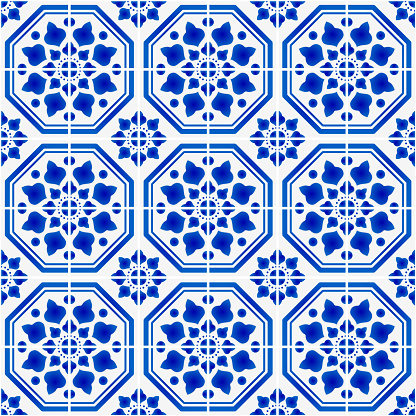 Mexican talavera ceramic tile pattern, Italain pottery decor, Portuguese azulejo seamless design, colorful Spanish majolica ornament, blue and white antique wallpaper background, vector illustration