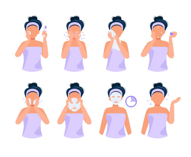 Skin care routine. Illustration set with girl making different steps, skin care, beauty routine. Cute vector illustration in flat style. Vector illustration in flat style usage stock illustrations