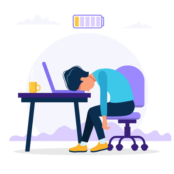 Burnout concept illustration with exhausted male office worker sitting at the table with low battery. Frustrated worker, mental health problems. Vector illustration in flat style Vector illustration in flat style mental burnout stock illustrations