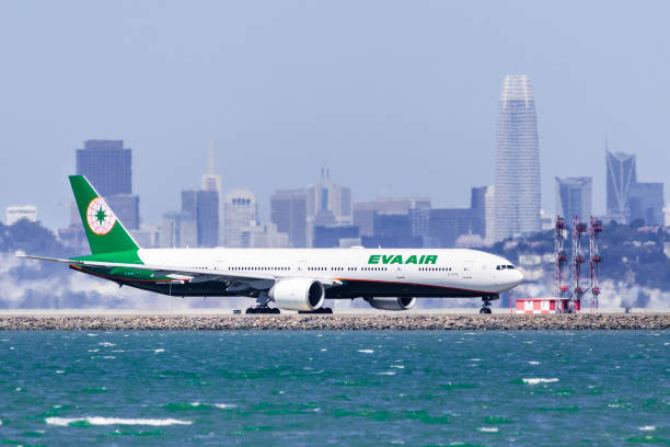 eva air aircraft preparing for takeoff at san francisco international airport (sfo) - san francisco international airport san francisco bay area sfo airplane imagens e fotografias de stock