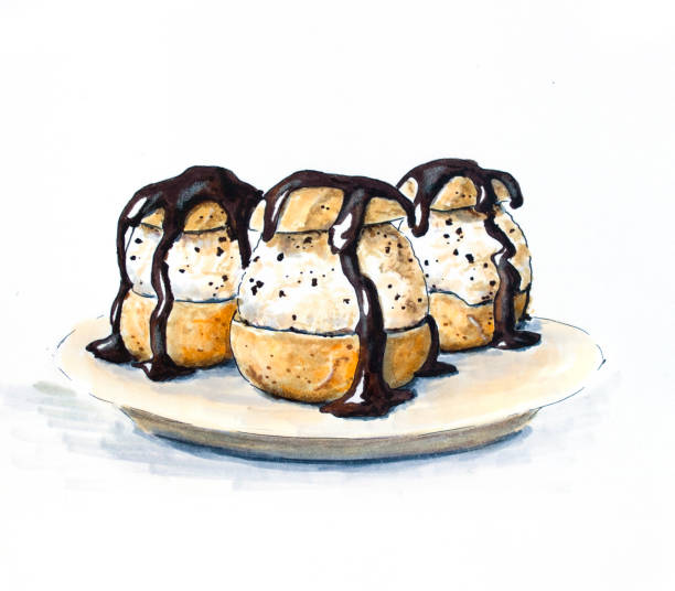 Three Profiteroles with chocolate hand drawn sketch - ilustração de arte vetorial