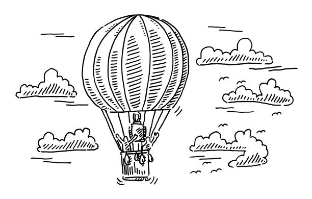 Flying Hot Air Balloon Drawing Hand-drawn vector drawing of a Flying Hot Air Balloon. Black-and-White sketch on a transparent background (.eps-file). Included files are EPS (v10) and Hi-Res JPG. black and white balloons stock illustrations