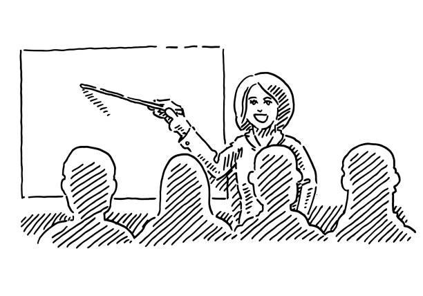 Female Teacher Adult Further Training Drawing Hand-drawn vector drawing of a Female Teacher for Adult Further Training. Black-and-White sketch on a transparent background (.eps-file). Included files are EPS (v10) and Hi-Res JPG. pointer stick illustrations stock illustrations