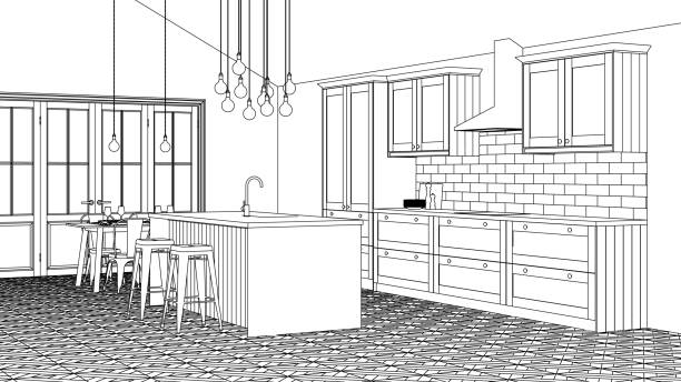 istock The interior of the kitchen in a private house. Linear sketch of the interior. 3D rendering. 1171895148