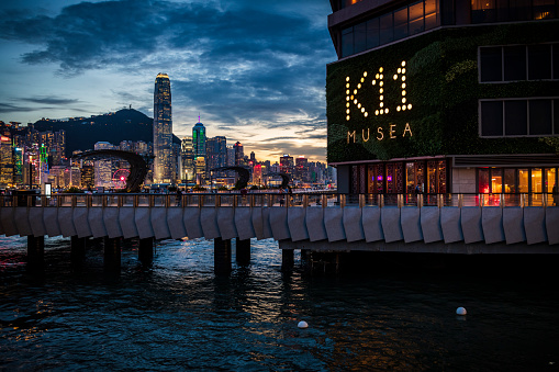 Hong Kong - August 30, 2019:  Illuminated buildings at night, including the 412-meter Two International Finance Centre, part of the beautiful Hong Kong Island skyline viewed from the Kowloon Waterfront.