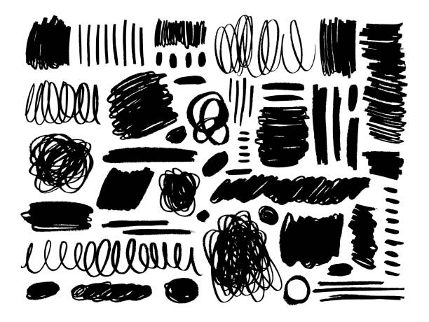 ilustrações de stock, clip art, desenhos animados e ícones de black dry brush strokes hand drawn set. grunge smears collection with curled lines and circles. - 4622