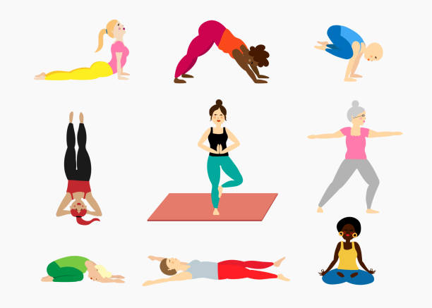 Set of yoga pose illustrations with women diversity Set of yoga pose illustrations with women diversity headstand stock illustrations