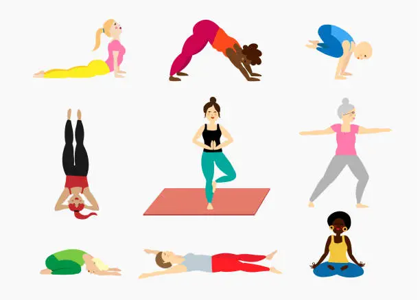 Vector illustration of Set of yoga pose illustrations with women diversity