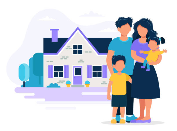 ilustrações, clipart, desenhos animados e ícones de família feliz com casa. ilustração do conceito para a hipoteca, casa de compra, bens imobiliários. ilustração do vetor no estilo liso - family cartoon child happiness