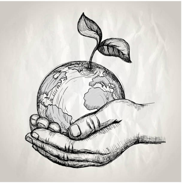 ilustrações de stock, clip art, desenhos animados e ícones de human hands holding earth with plant sprout, vector hand drawn graphic illustration - globe human hand earth world map