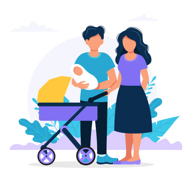 ilustrações de stock, clip art, desenhos animados e ícones de family holding little baby. mother, father and their newborn, baby carriage, family photo. vector illustration in flat style - family cartoon child little girls