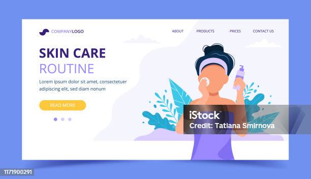 Skin Care Routine Landing Page Woman Using A Cosmetic Product For Her Skin Vector Illustration In Flat Style Stock Illustration - Download Image Now