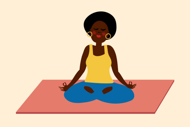 ilustraciones, imágenes clip art, dibujos animados e iconos de stock de ilustración de meditación de yoga mujer negra - entrenador personal