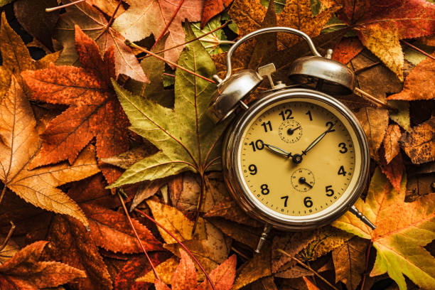 istock Autumn season time, retro vintage alarm clock 1171903326