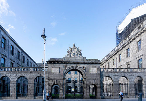 Part of the Four Courts building on Inns Quay dublin, ireland,, this gate is topped by a sculpture of the  crowned harp of the Kingdom of Ireland.