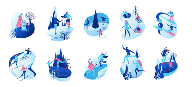 ilustrações de stock, clip art, desenhos animados e ícones de isometric winter people, 3d vector illustration set, sport family ice skating, skiing, snowboarding, playing snowballs, kid on sleigh, simple skater, tubing, outdoor snow games, cartoon characters - christmas snow child winter