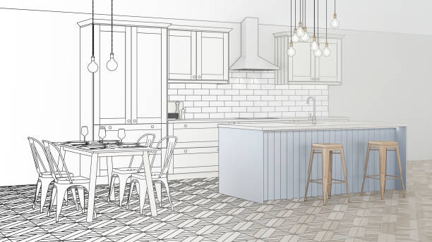 istock The interior of the kitchen in a private house. Design project. Sketch. 3D rendering. 1171903856