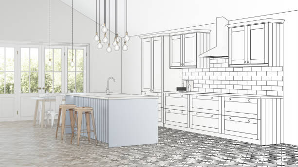 istock The interior of the kitchen in a private house. Design project. Sketch. 3D rendering. 1171903857