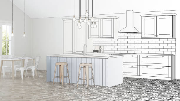 istock The interior of the kitchen in a private house. Design project. Sketch. 3D rendering. 1171903882