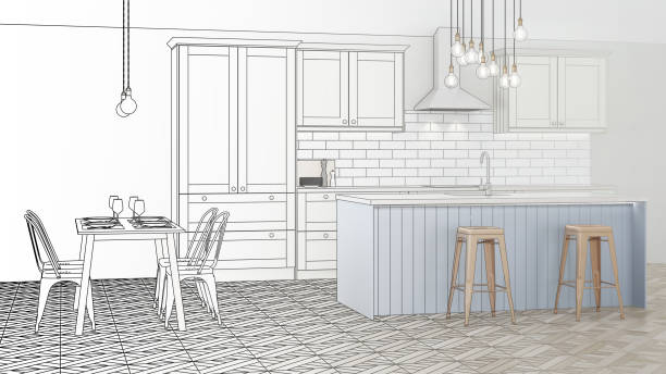 istock The interior of the kitchen in a private house. Design project. Sketch. 3D rendering. 1171904186